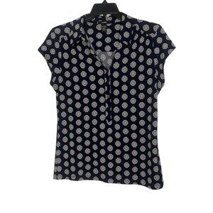 Alfani Navy Blue and White Cap Sleeve Geometric Design Half Button Down Collared